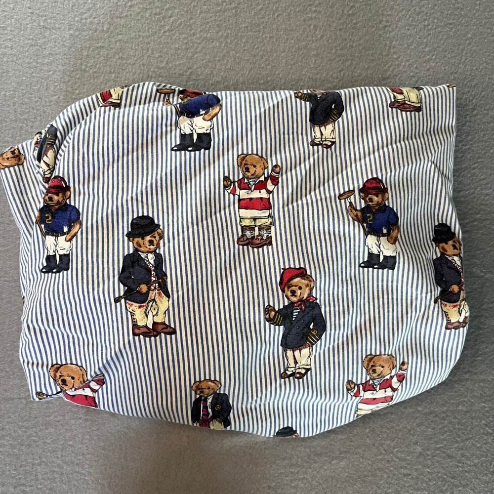 Vintage Ralph Lauren Polo Bear King Fitted‎ Sheet Blue White Stripe Bedding 90s